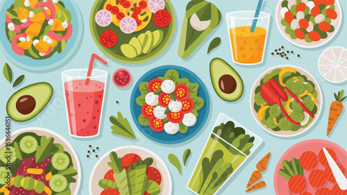 A flat lay illustration of various healthy foods arranged on a light blue background.  