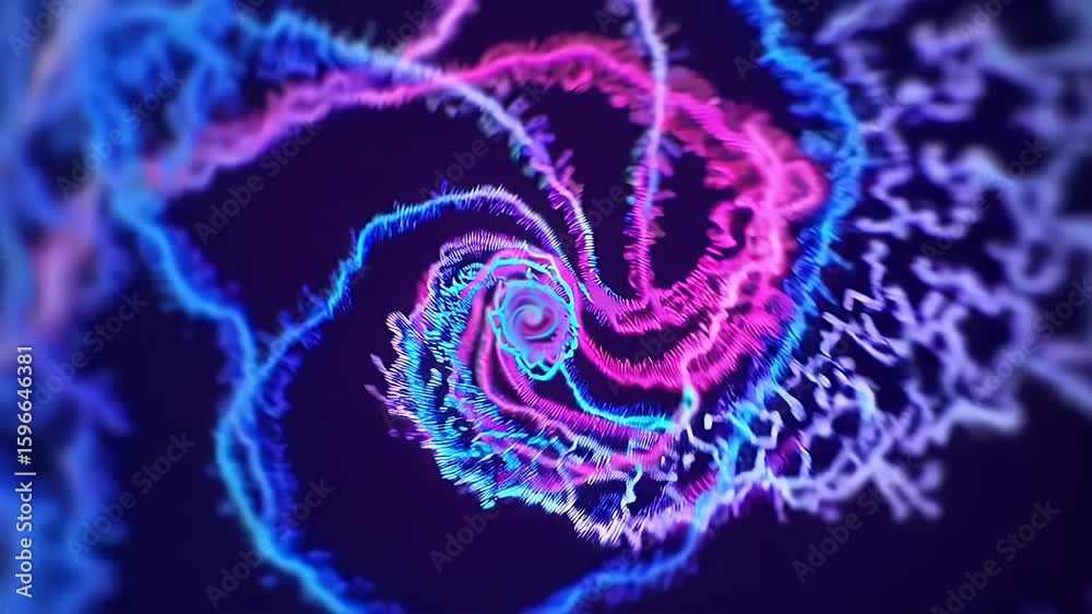 swirling particles pink blue purple rotate drift high resolution against black backdrop creating visually rich futuristic motion effect sci fi