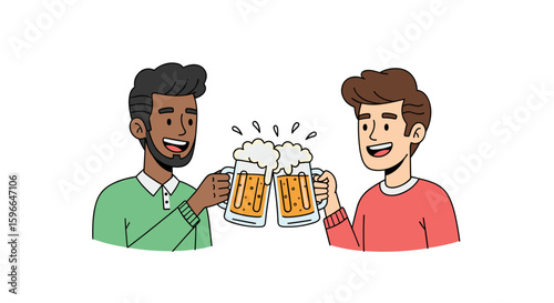 Two friends clinking beer mugs and smiling in celebration of Oktoberfest  