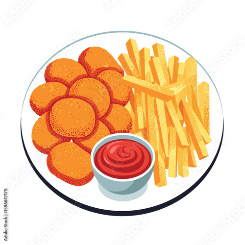 Delicious golden brown chicken nuggets and crispy french fries served with a side of ketchup on a white plate for a satisfying meal