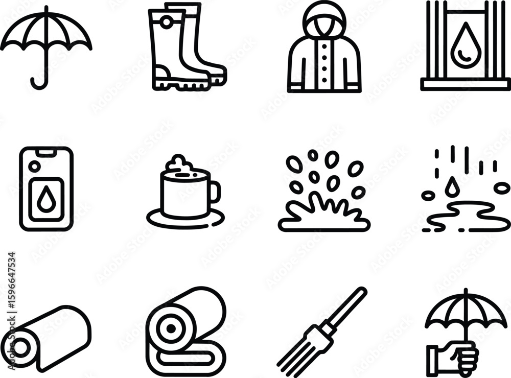 Fototapeta premium Collection of weather and protection icons in a grid layout
