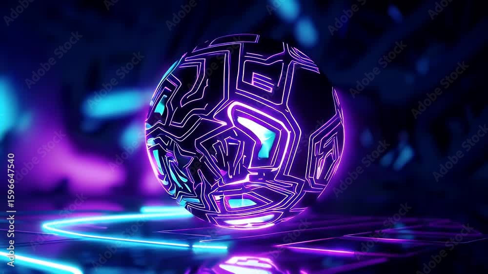 Glossy neon violet techno sphere bristles rotating circuit filigree hovering negative space seamless video K loop provides hypnotic centrepiece EDM stages sci fi idents engineering themed