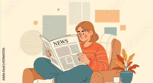 Woman sitting in an armchair, reading a newspaper with the headline "NEWS" in a cozy, minimalist room.