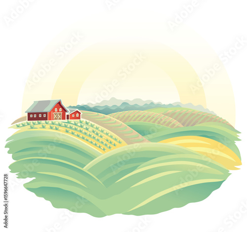 Rural landscape with a farmhouses, agricultural fields, and surrounded by fields. Countryside scenery with farmland, meadows, and natural greenery. Flat vector illustration.