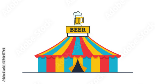 Colorful beer festival tent with striped roof and signboard  