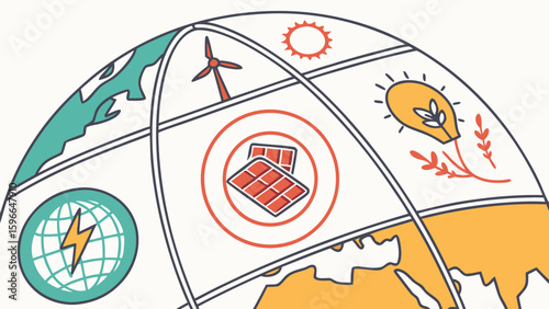 Illustration of a globe showcasing renewable energy sources and global sustainability initiatives concept art