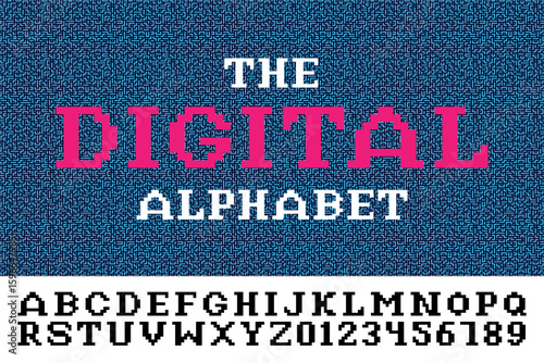 Digital pixel font. Vector English modern creative alphabet. Bold black Latin letters and numerals