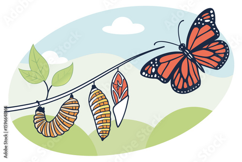 Monarch butterfly life cycle showing caterpillar chrysalis and adult butterfly