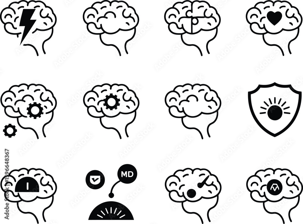 Obraz premium Collection of stylized brain icons representing different mental states and concepts