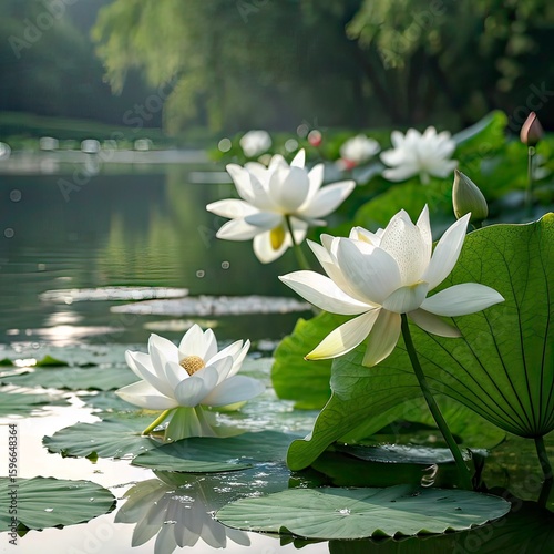 Wallpaper Mural Blooming green lotus amidst tranquil waters Torontodigital.ca