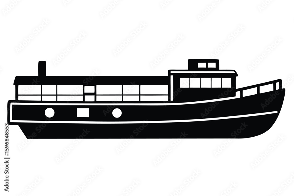 Obraz premium Side view of a simple black vessel silhouette showing cabin windows and upper deck rail