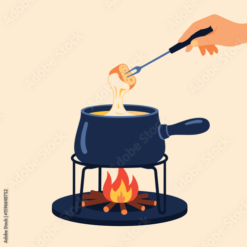 Delicious cheese fondue preparation warming creamy melted cheese with bread dipped on a fork above a hot fire