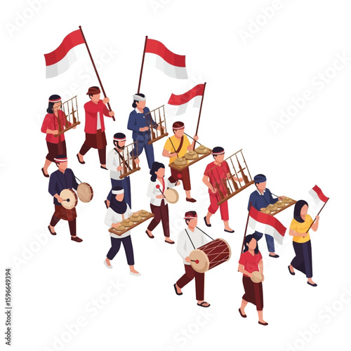 A group of people in traditional clothing parade with flags and musical instruments.