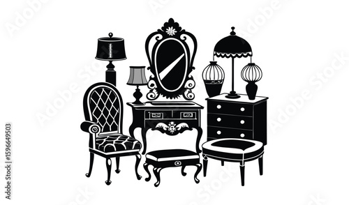 Elegant black and white vintage furniture, including classic chairs, sofas, and wooden armchairs, perfect for a luxurious interior design or home decor