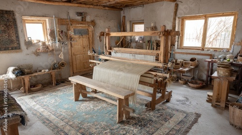 Rustic Weaving Workshop Interior with Wooden Loom and Handmade Rugs