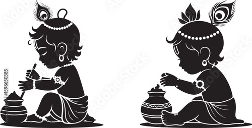 Baby Krishna Silhouettes with Butter Pots And Flute - Bal Gopal, Makhan Chor, Hindu God Childhood And Janmashtami Festival Icons
