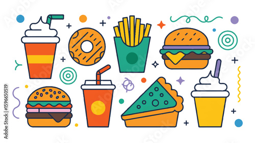 A flat, minimalist illustration of fast food and snacks arranged on a white background with decorative elements.