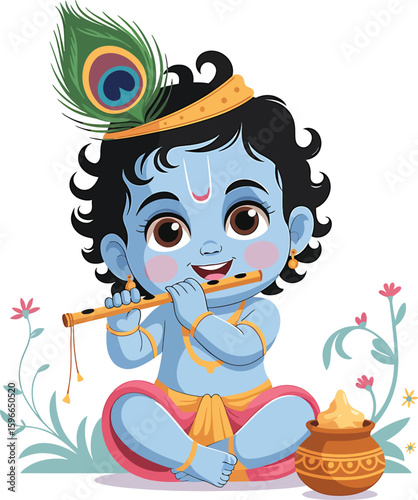 Adorable Baby Krishna Playing Flute with Peacock Feather And Butter Pot, Hindu God, Janmashtami Festival, Indian Culture Vector