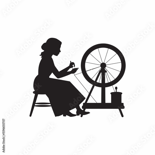 Black and White Silhouette of Indian Woman with Charkha Spinner  
