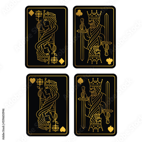 Golden King and queen playing card vector illustration set of hearts, Spade, Diamond and Club, Royal card design template collection