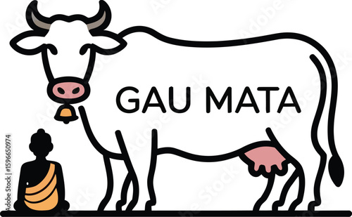 Gau Mata (Holy Cow) with Monk. Sacred Animal in Hinduism, India Culture, Spiritual Vector Art
