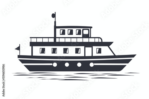 Elegant silhouette portrays a motor yacht sailing smoothly over calm water in monotone