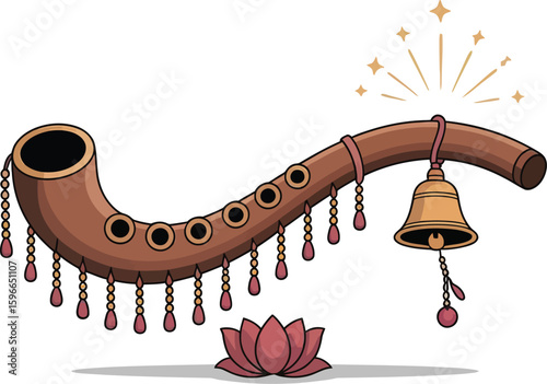 Traditional Indian Shehnai or Nagaswaram Krishna Instrument with Bell And Lotus. Cultural Music, Festival, Celebration Vector