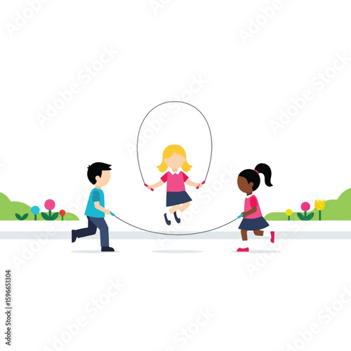 Two children turn a jump rope for a girl joyfully jumping in a park.