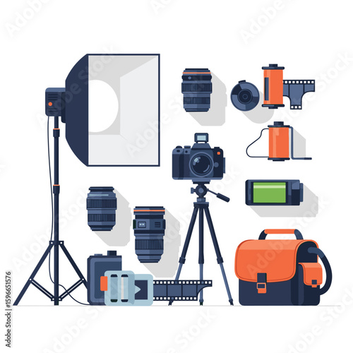 A collection of photography equipment including a professional camera studio lighting gear and assorted lenses and accessories for capturing high-quality images