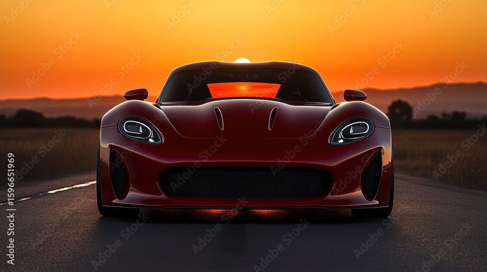 Red sports car at sunset Red sports car at sunset