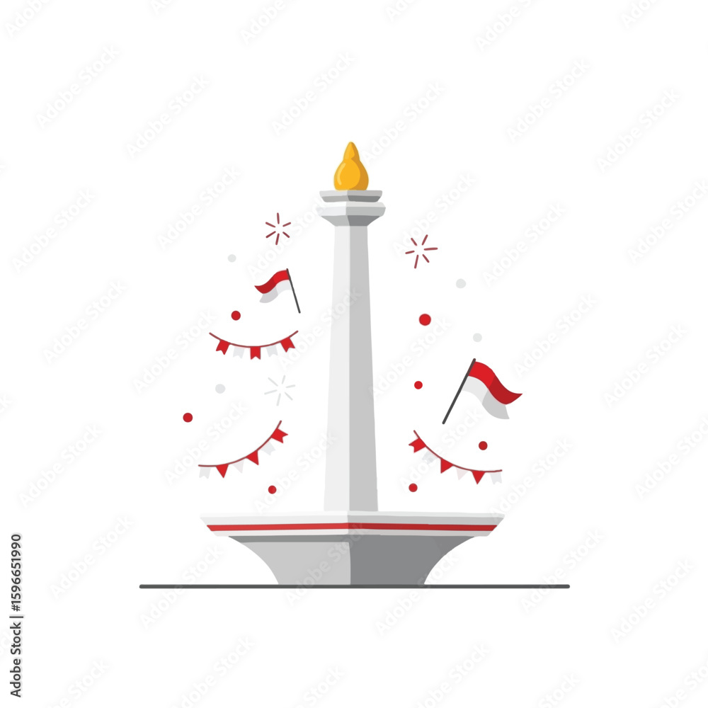 Fototapeta premium Vector illustration of a tall white monument with flags and festive decorations.