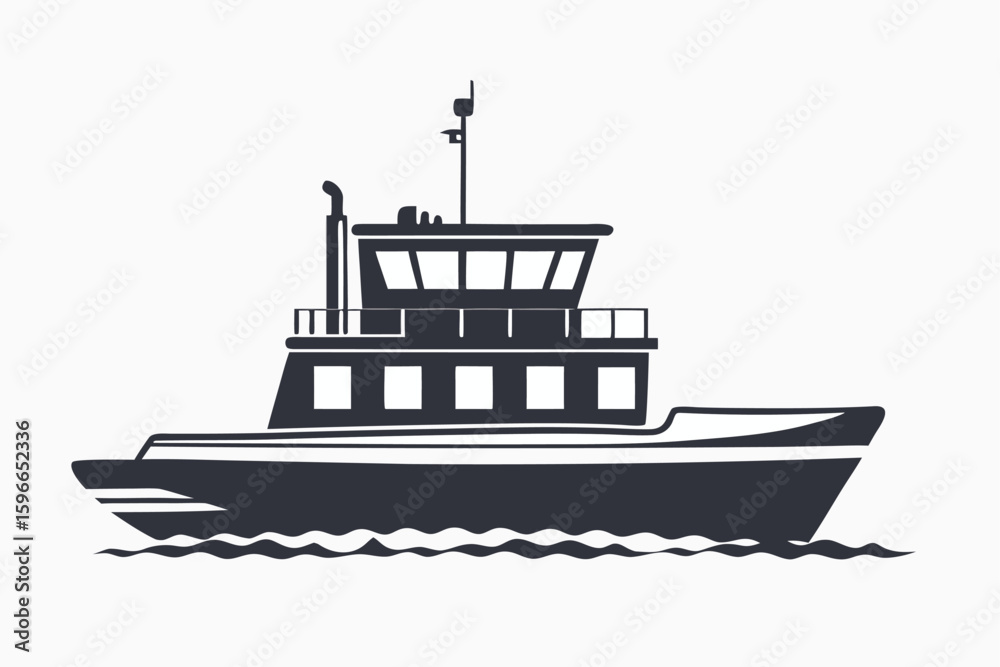 Obraz premium Side view shows a dark silhouette of a tug boat on waves, isolated