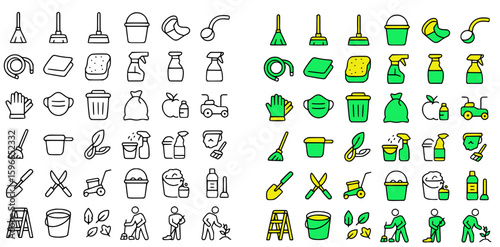 Collection of cleaning and gardening tools and equipment, in both black and white line art and colored illustrations.
