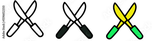Three variations of garden shears, black and white and colored.