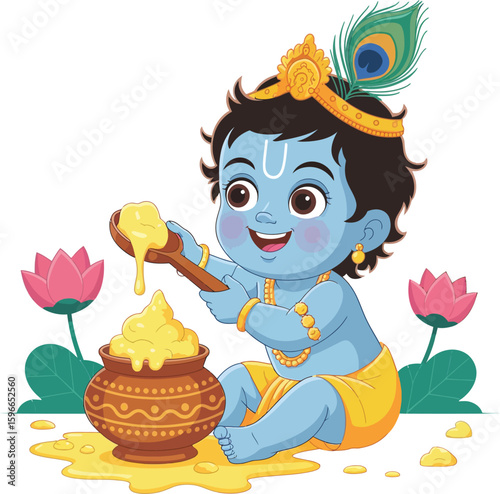Cute Baby Krishna, Laddu Gopal Eating Butter. Janmashtami, Hindu Deity, Indian Festival, Childhood Vector