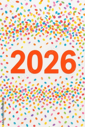 Bold red 2026 numbers centered on white background surrounded by scattered colorful oval confetti. Flat lay composition. Concept of new year, celebration, and festive decoration