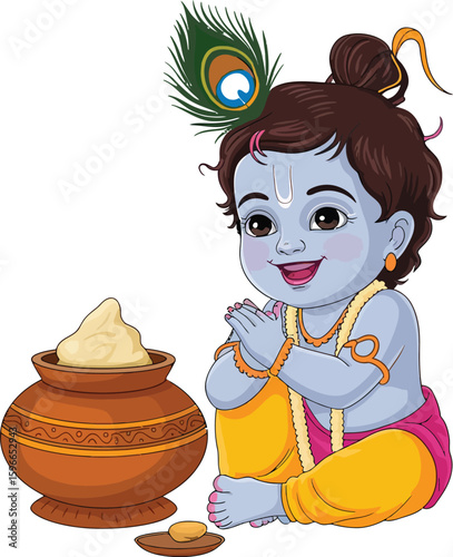 Vector Cute Baby Krishna (Bal Gopal) with Butter Pot and Peacock Feather.  Hindu God Cartoon for Festivals