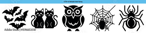 Silhouetted bats, cats, owl, and spiders give a spooky, vibe over transparent background