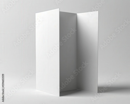 Minimalist trifold brochure mockup, closed and standing against geometric concrete architecture, with clean white background and sharp shadows. Ideal flyer template and mock-up for design.