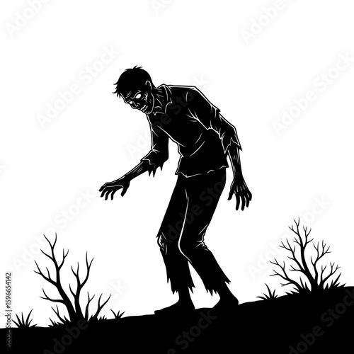 Creepy zombie figure silhouette walking towards viewer in the darkness