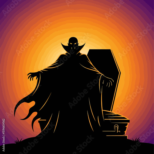 A dark silhouette of a vampire standing in front of an open coffin with an ominous background