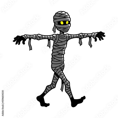 A cartoon illustration of a walking mummy with bandages and glowing eyes. A perfect image for Halloween.