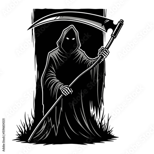 Grim Reaper with a scythe, in a dark hooded cloak