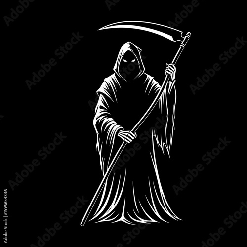 A stark black and white depiction of the Grim Reaper, holding a scythe against a dark background