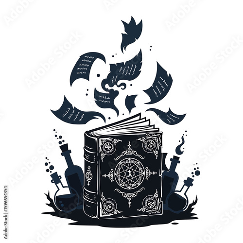 A magical book with floating pages, surrounded by mystical potions and symbols