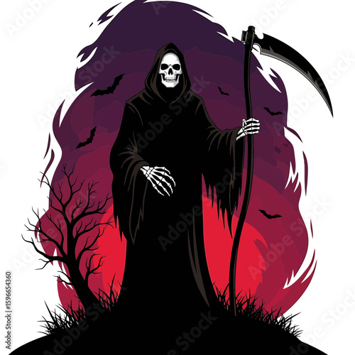 The Grim Reaper standing in front of a scary red background