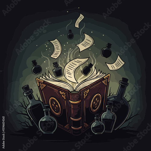 A magical book, filled with secrets and floating papers, surrounded by bottles