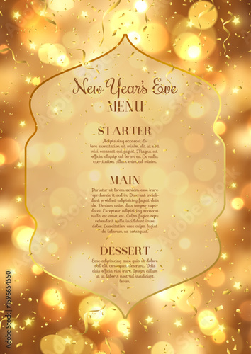 golden New Years Eve menu design with bokeh lights 0512