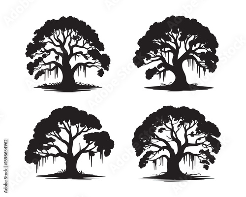 Silhouette of Trees with Spanish Moss and Cypress in Black and White   
