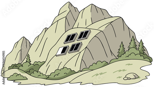 Illustration of a mountain landscape with solar panels installed on a slope and green vegetation